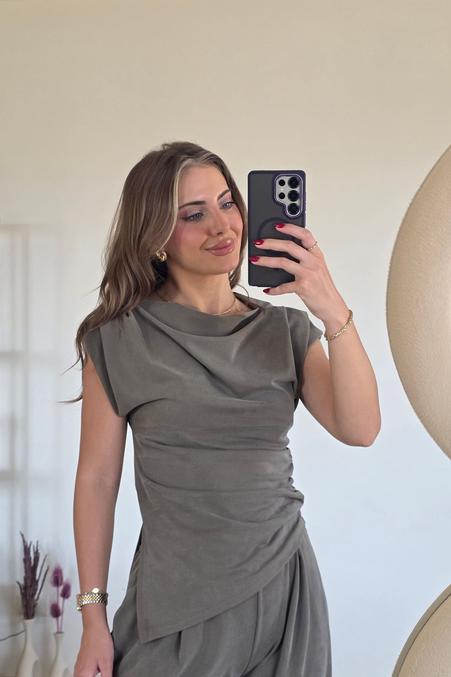 Adriana Draped Two-Piece Set – Olive Grey