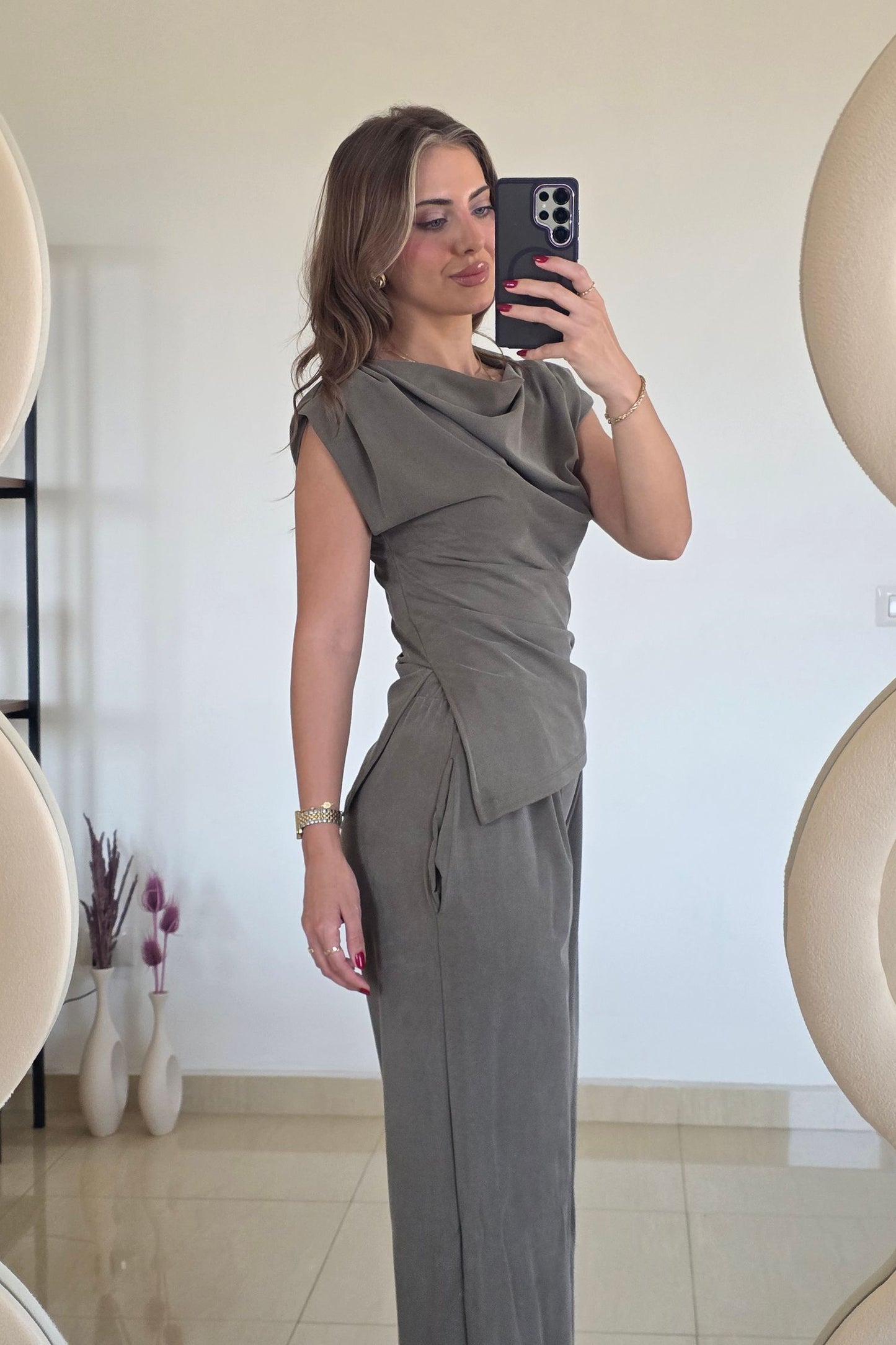 Adriana Draped Two-Piece Set – Olive Grey