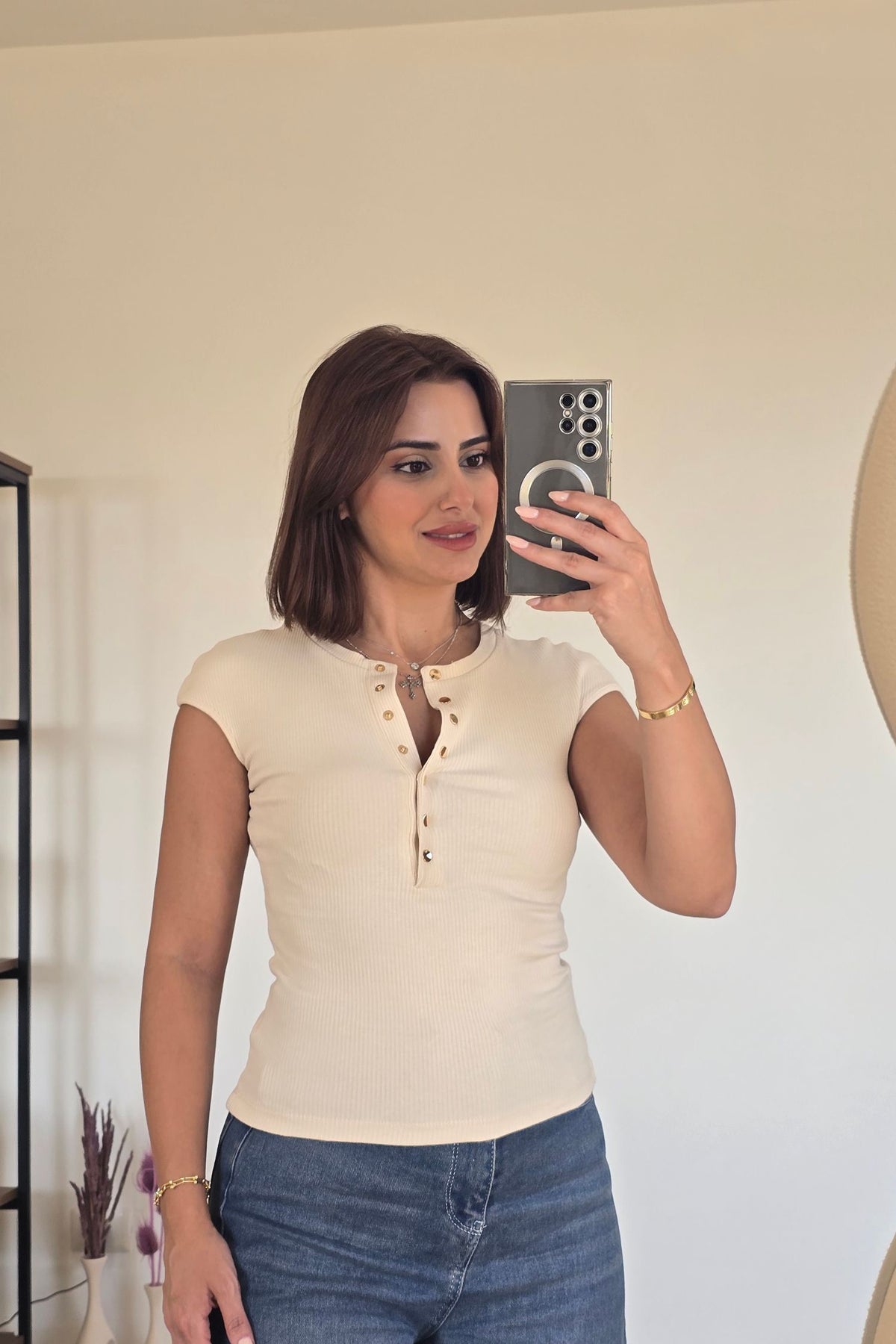 Gia Button Top – Beige