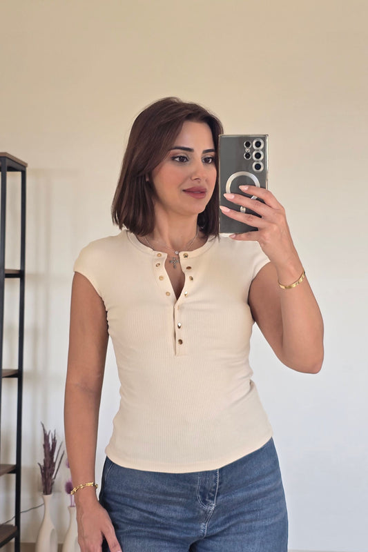 Gia Button Top – Beige