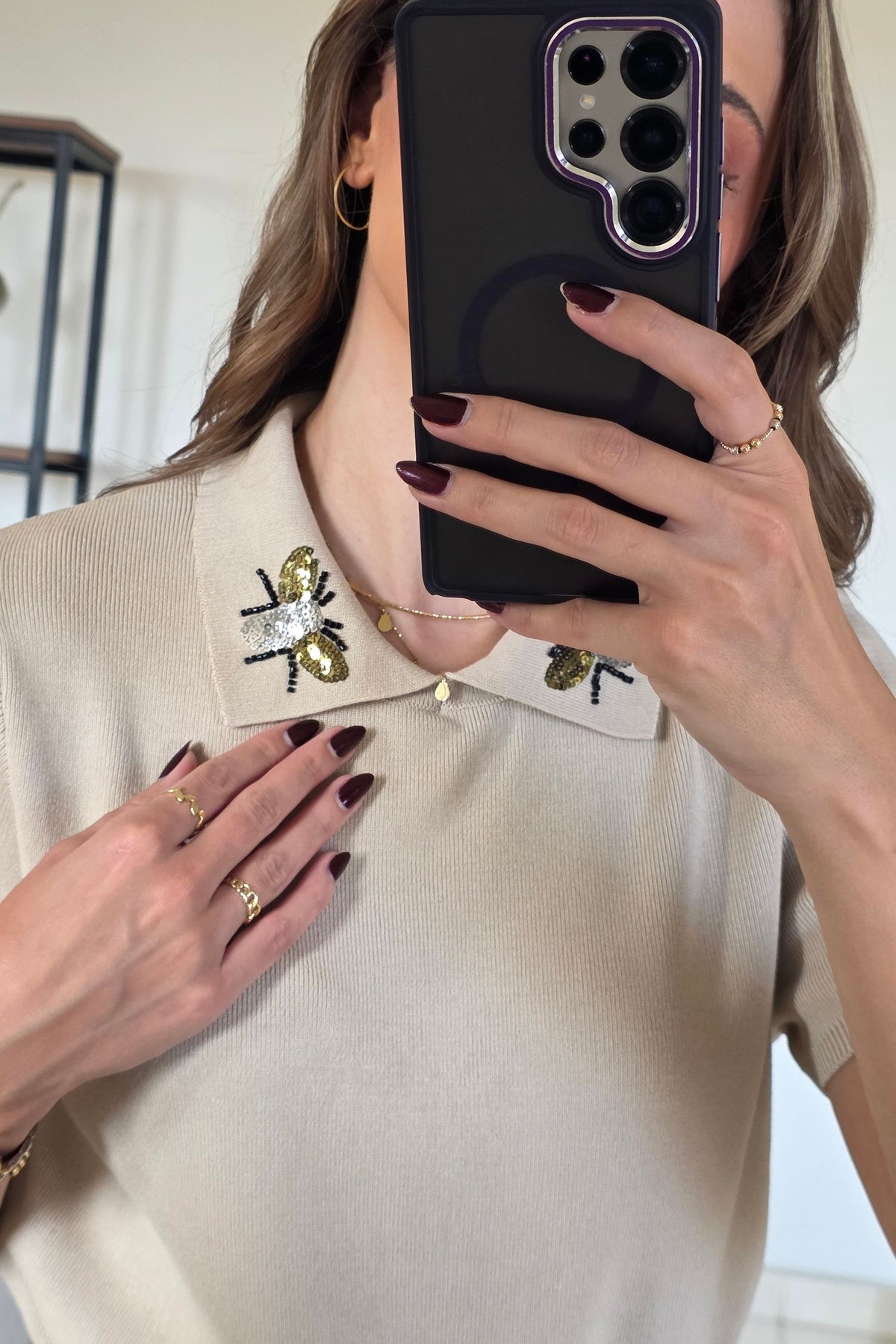 Coco Bee Collar Knit Top – Beige