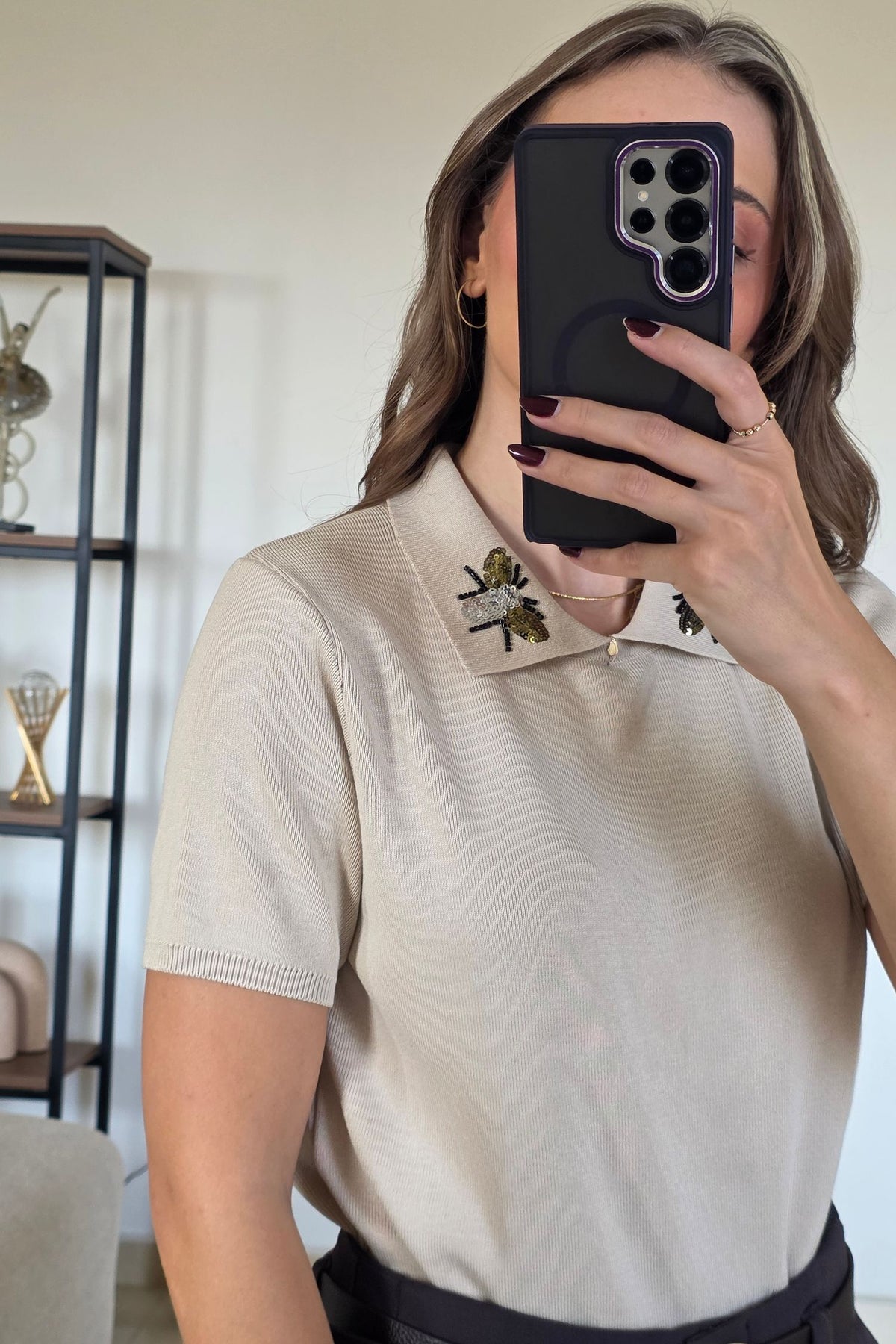 Coco Bee Collar Knit Top – Beige