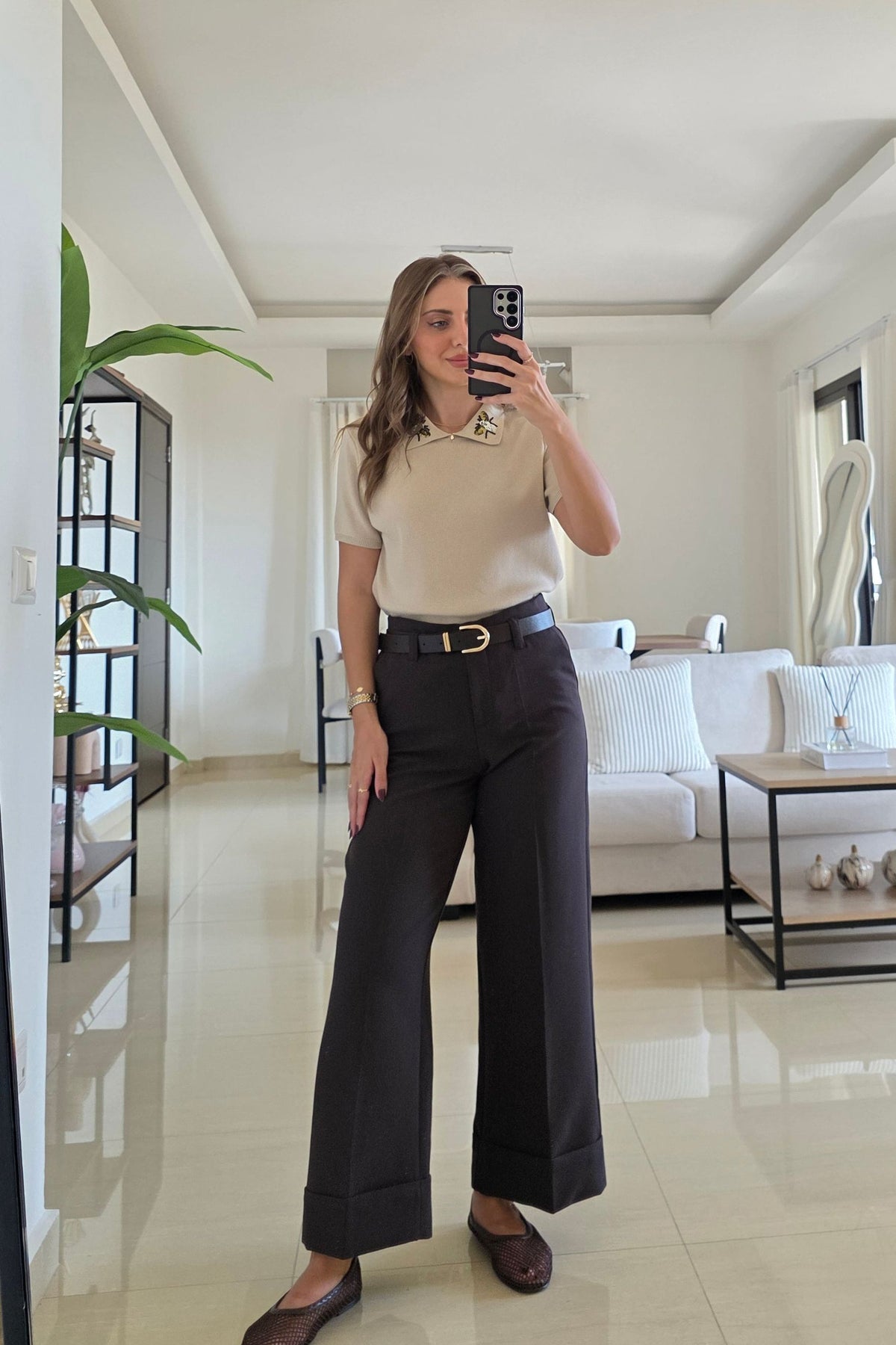 Nadine Cuffed Wide-Leg Pants – Dark Brown