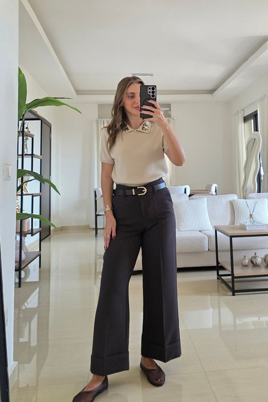 Nadine Cuffed Wide-Leg Pants – Dark Brown