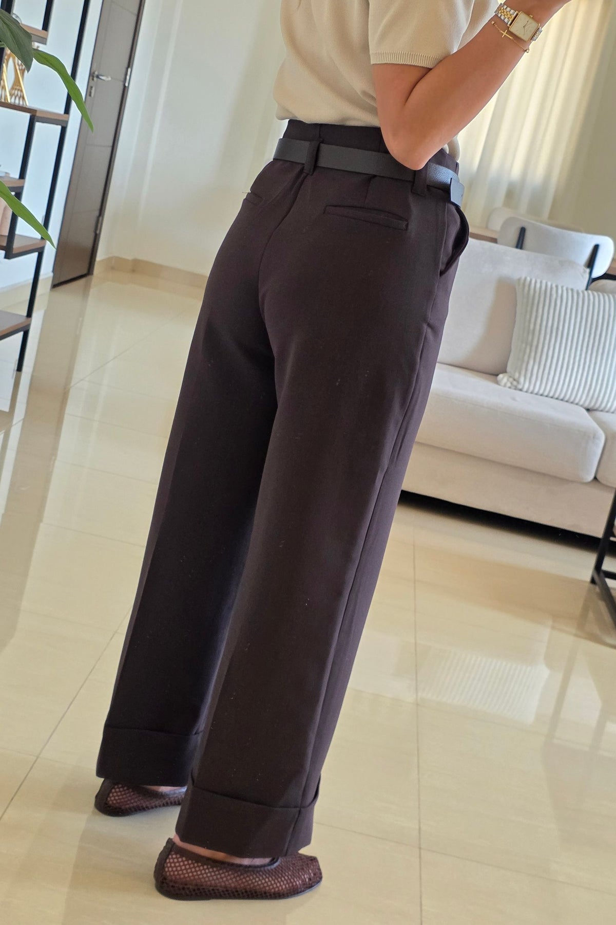 Nadine Cuffed Wide-Leg Pants – Dark Brown