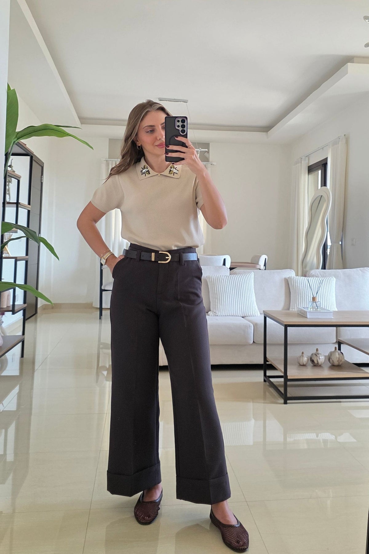 Nadine Cuffed Wide-Leg Pants – Dark Brown