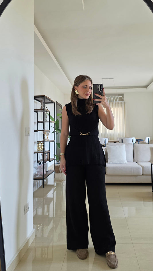 Jade Ribbed Two-Piece Set - Black