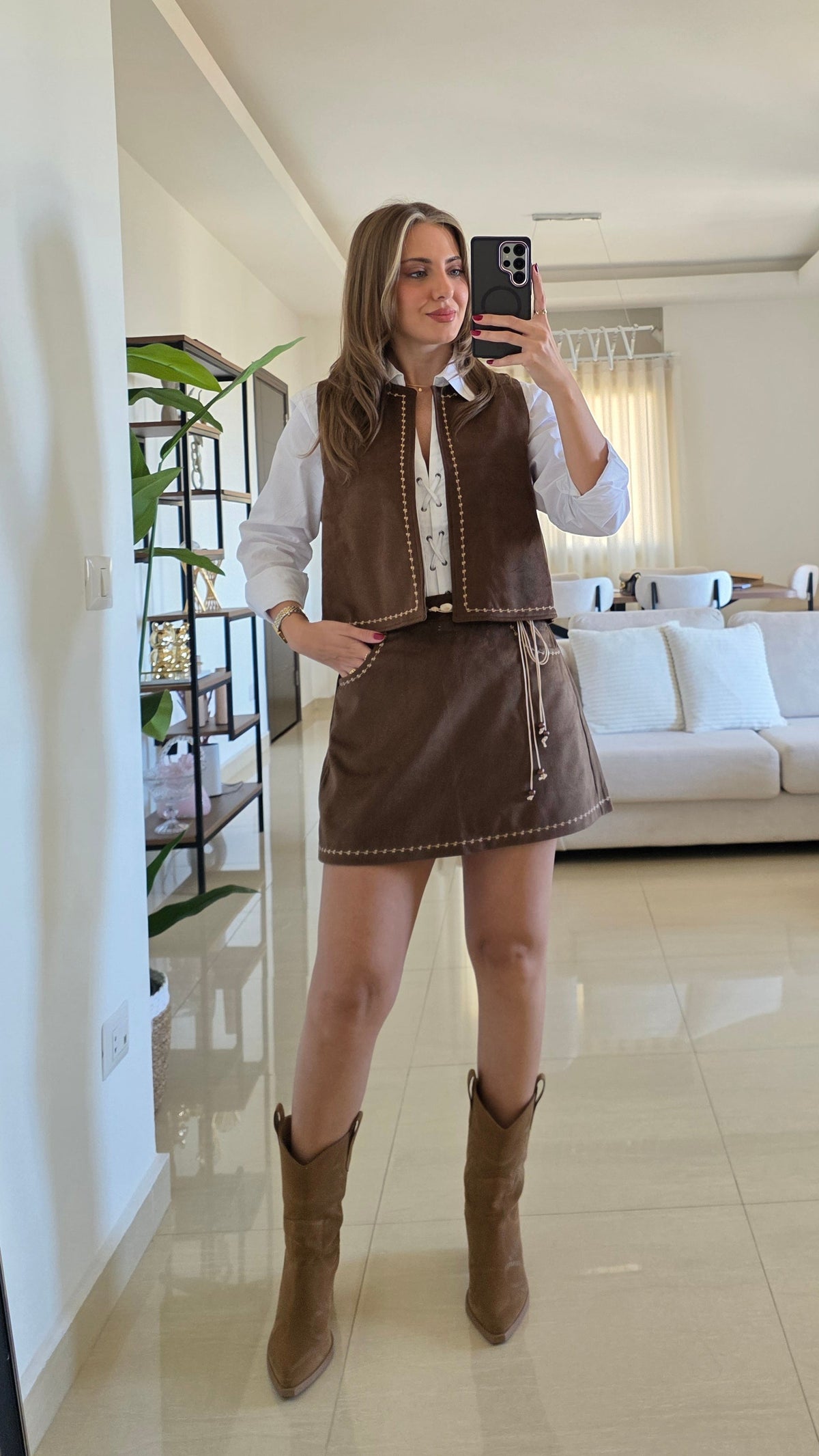 Savannah Suede Vest and Skort Set - Brown