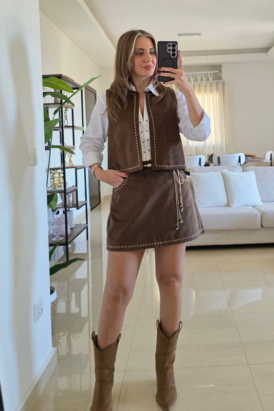 Savannah Suede Vest and Skort Set - Brown