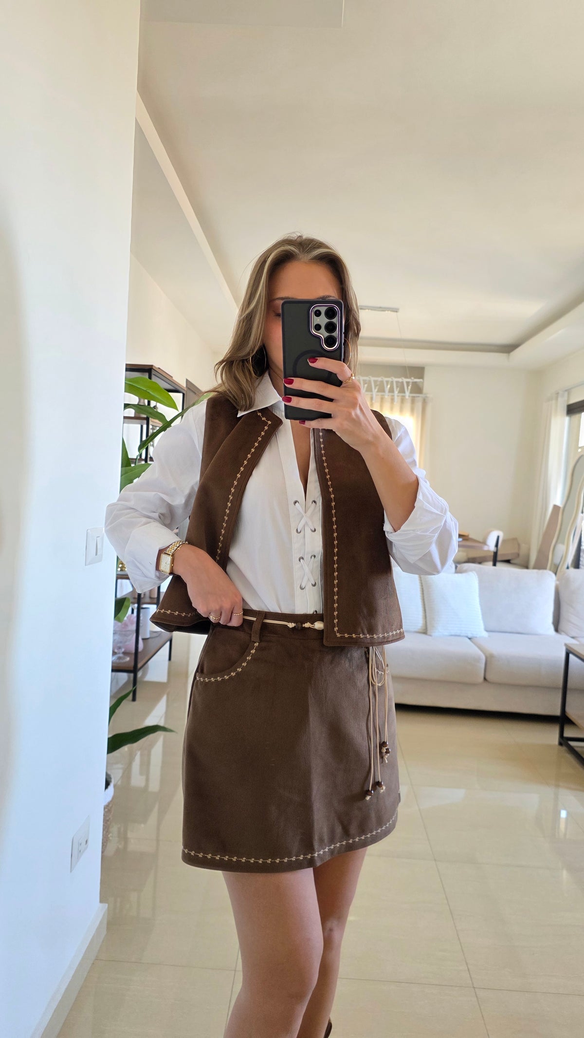 Savannah Suede Vest and Skort Set - Brown