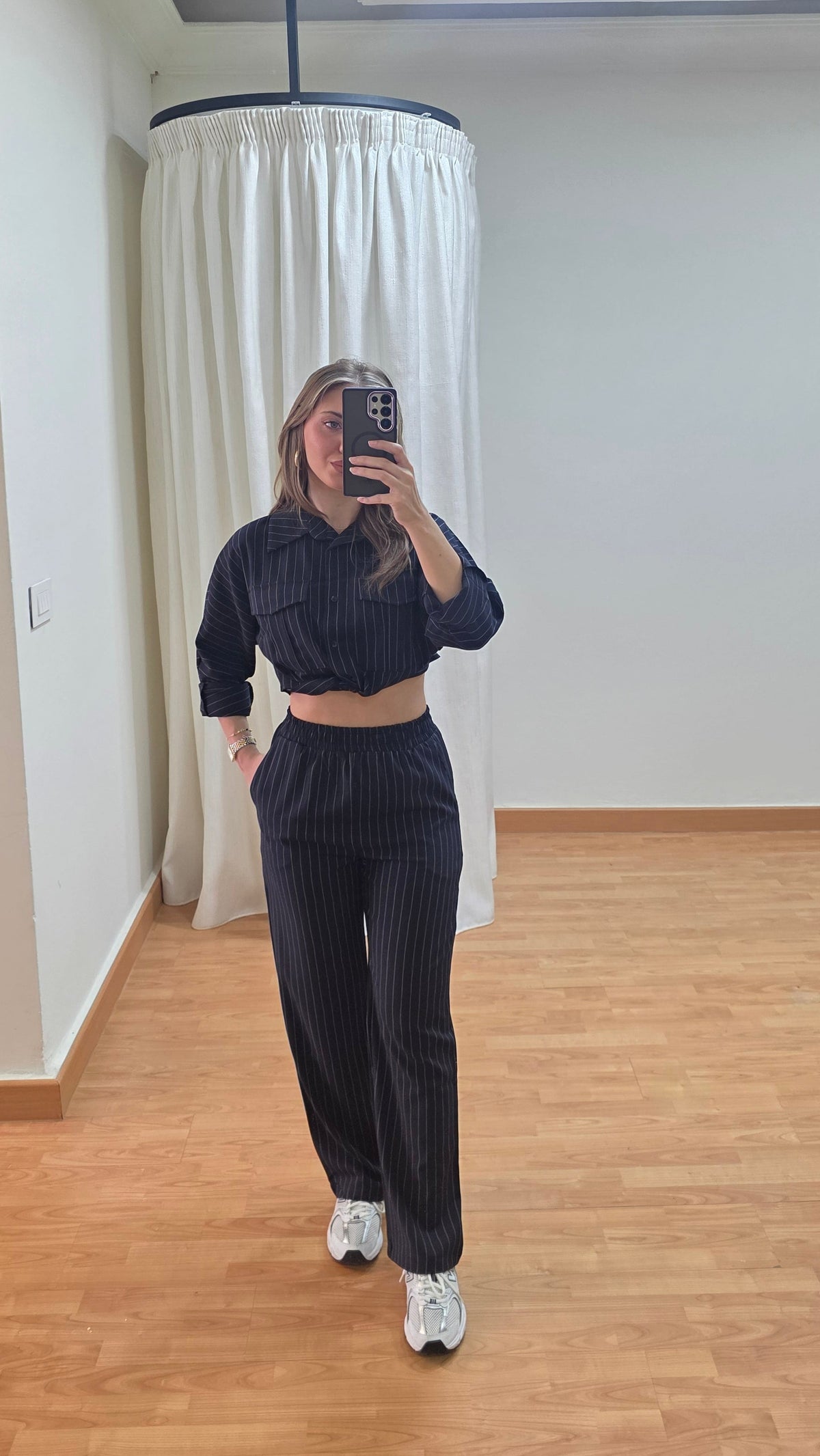 Eleanor Pinstripe Shirt and Pants Set - Navy