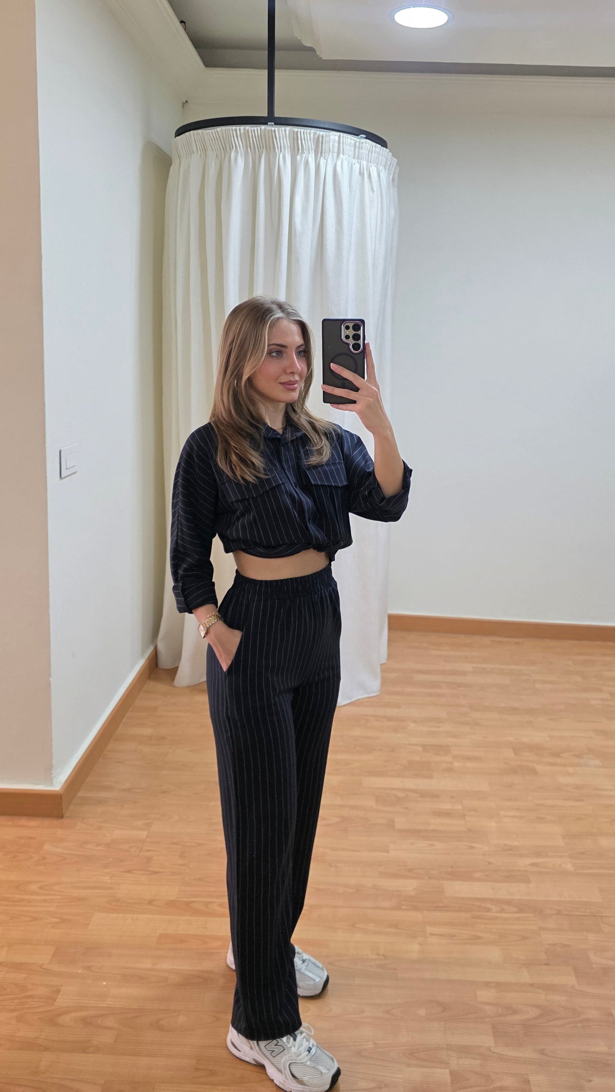 Eleanor Pinstripe Shirt and Pants Set - Navy