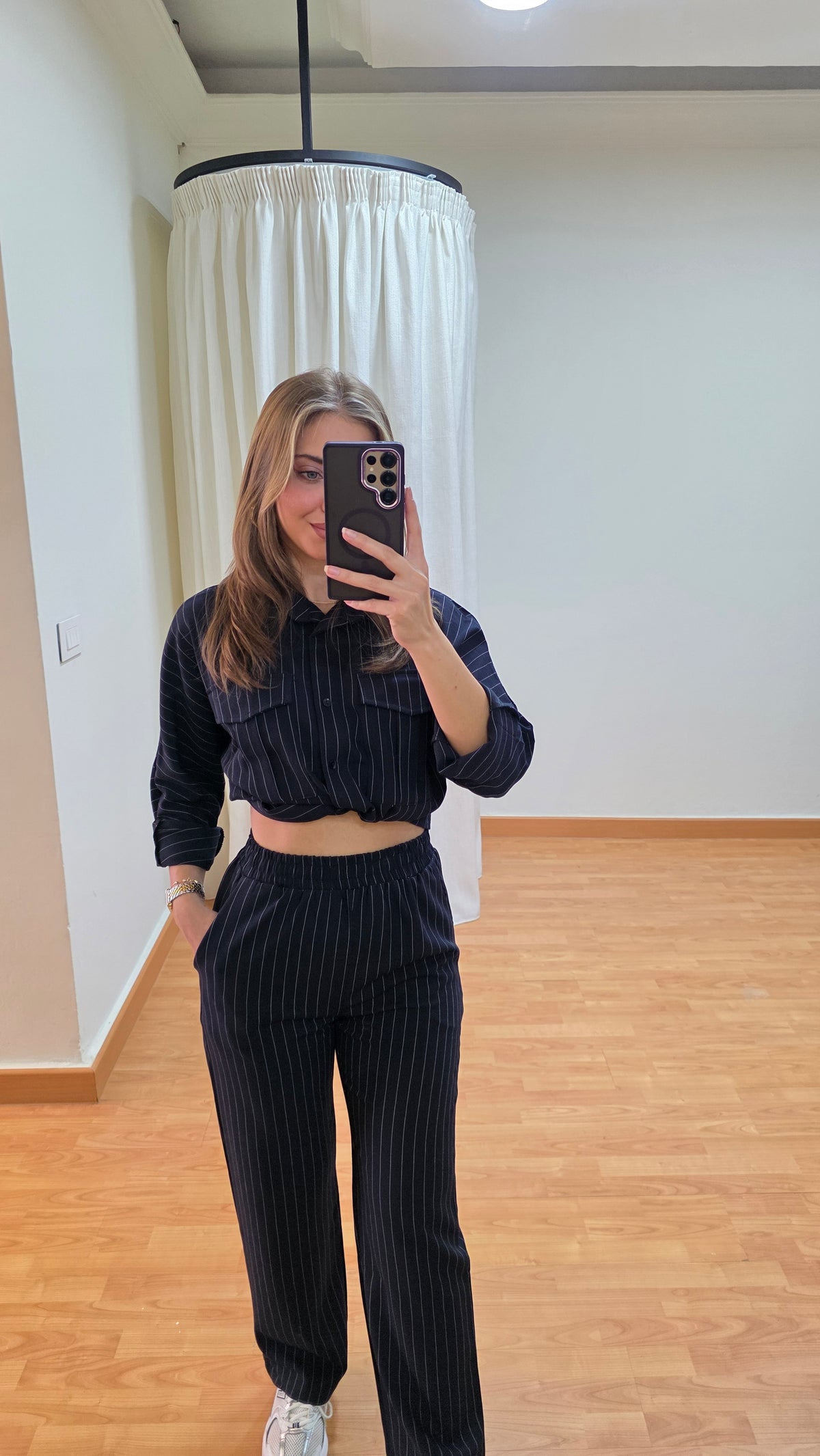 Eleanor Pinstripe Shirt and Pants Set - Navy