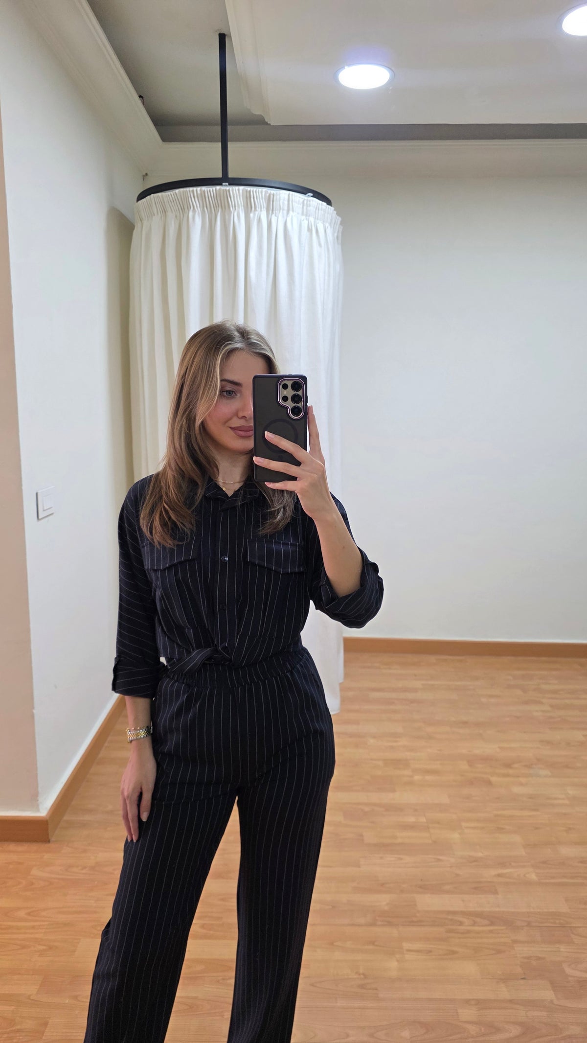 Eleanor Pinstripe Shirt and Pants Set - Navy
