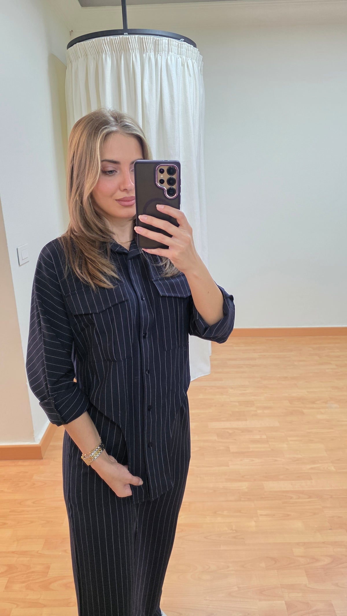 Eleanor Pinstripe Shirt and Pants Set - Navy