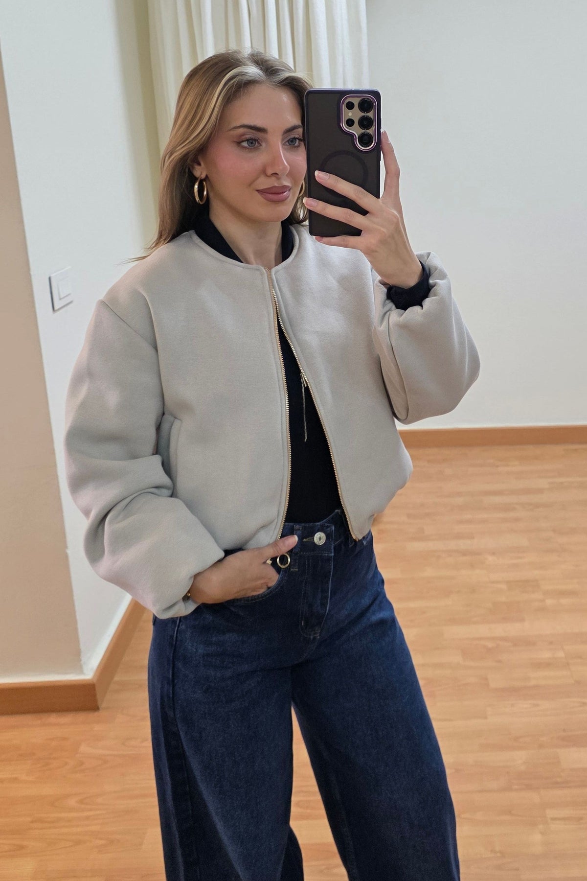 Harlow Fleece Bomber Jacket - Grey