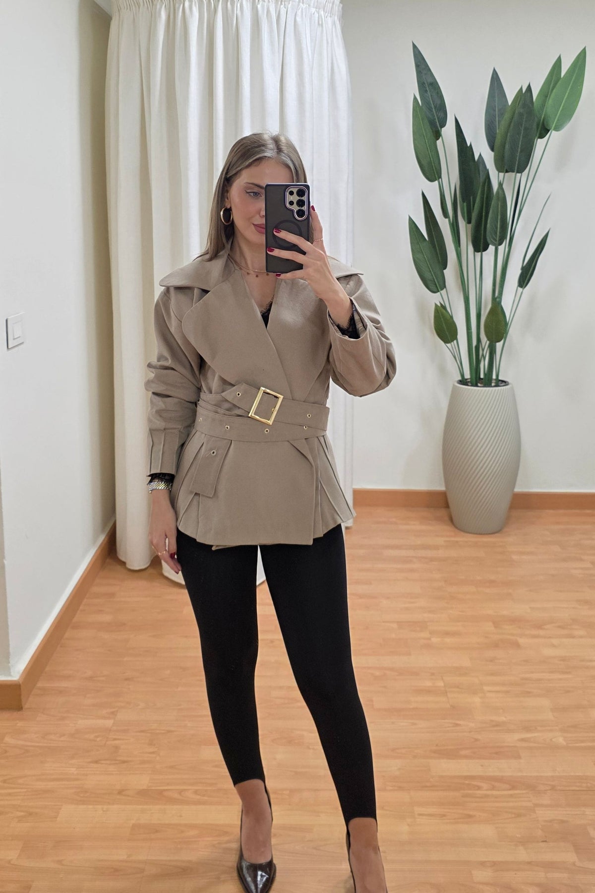 Cordelia Belted Pleated Jacket - Beige