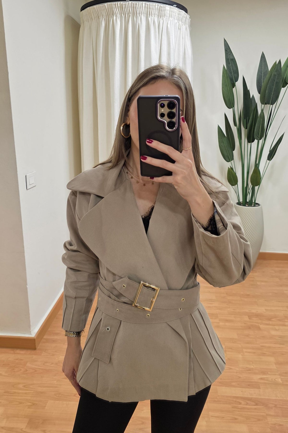 Cordelia Belted Pleated Jacket - Beige
