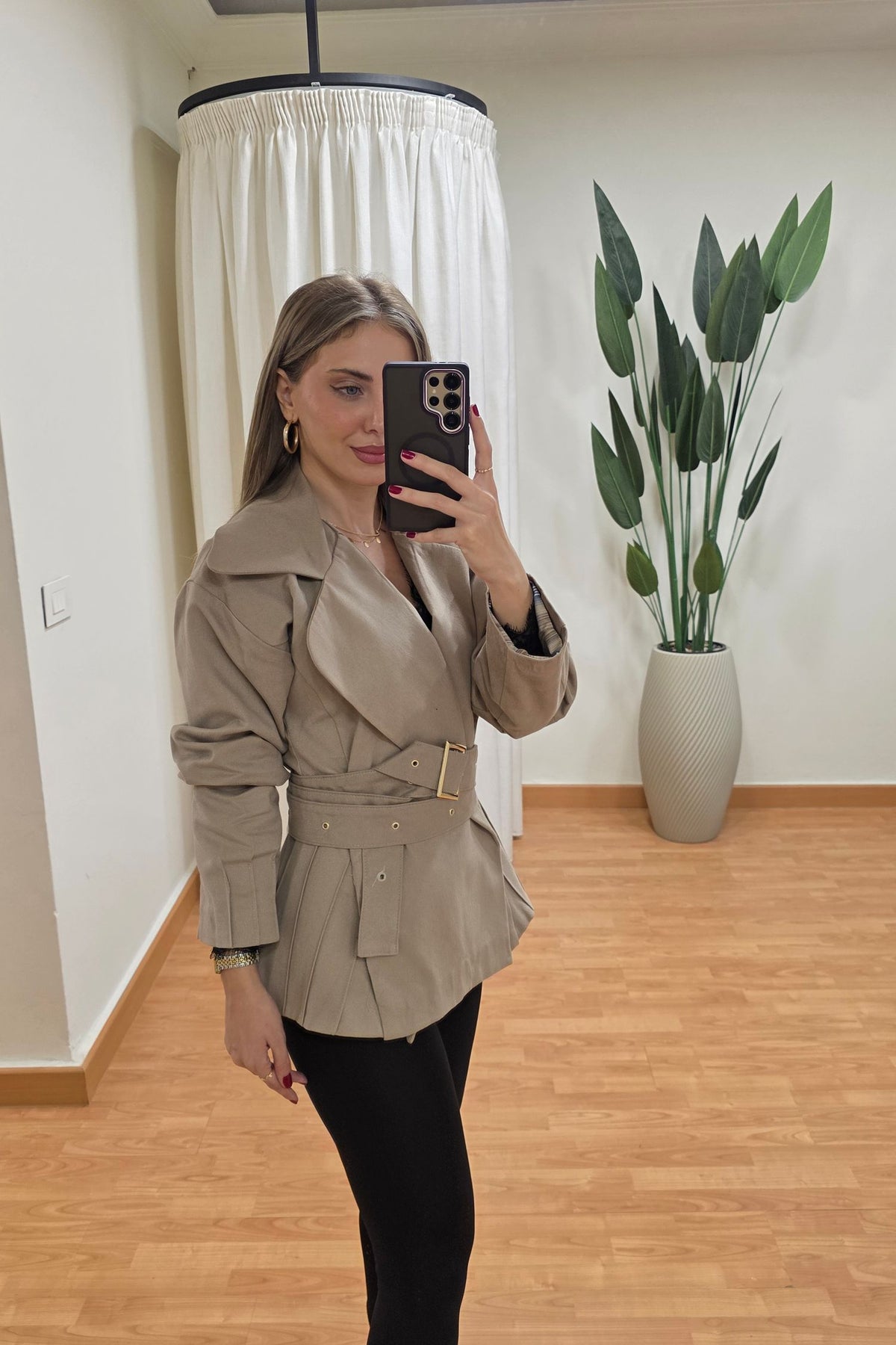Cordelia Belted Pleated Jacket - Beige