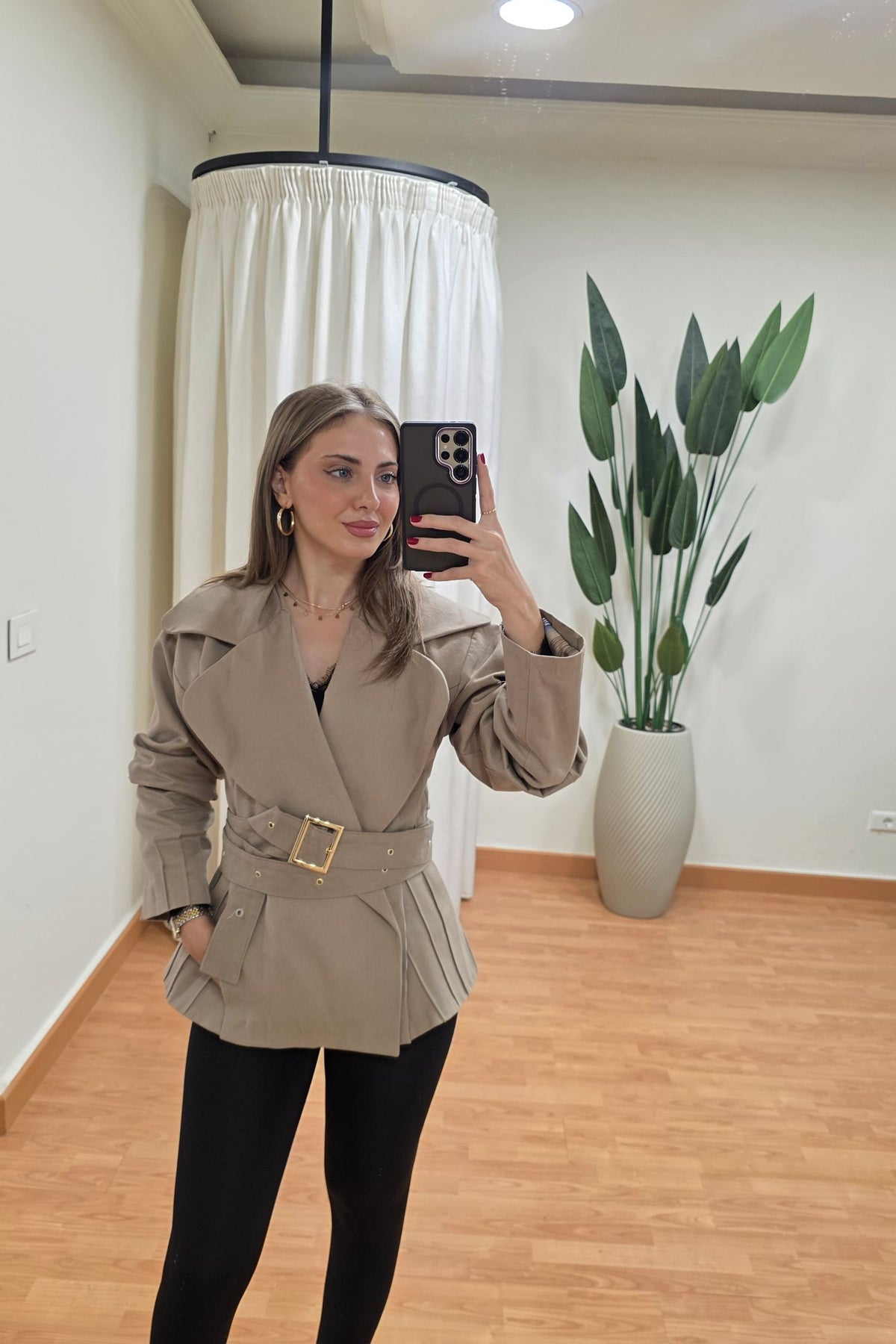Cordelia Belted Pleated Jacket - Beige