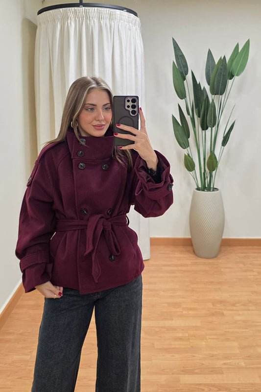 Octavia Belted Wool-Blend Jacket - Burgundy