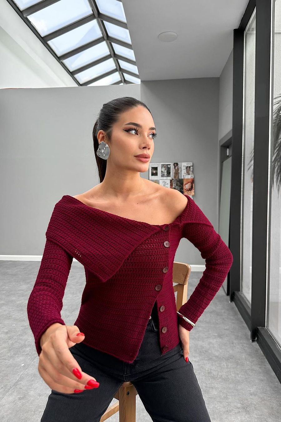 Off-Shoulder Burgundy Sweater