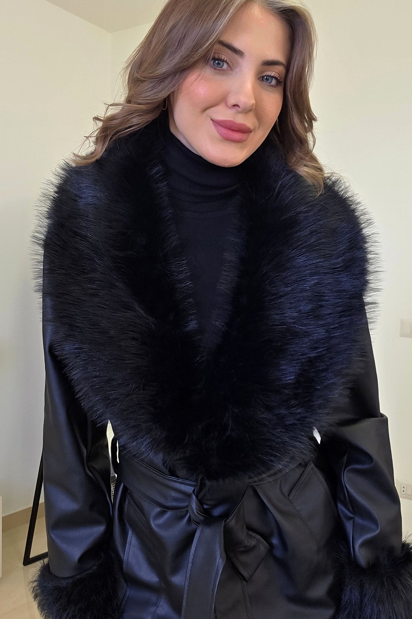 Nyx Leather and Fur Coat - Black